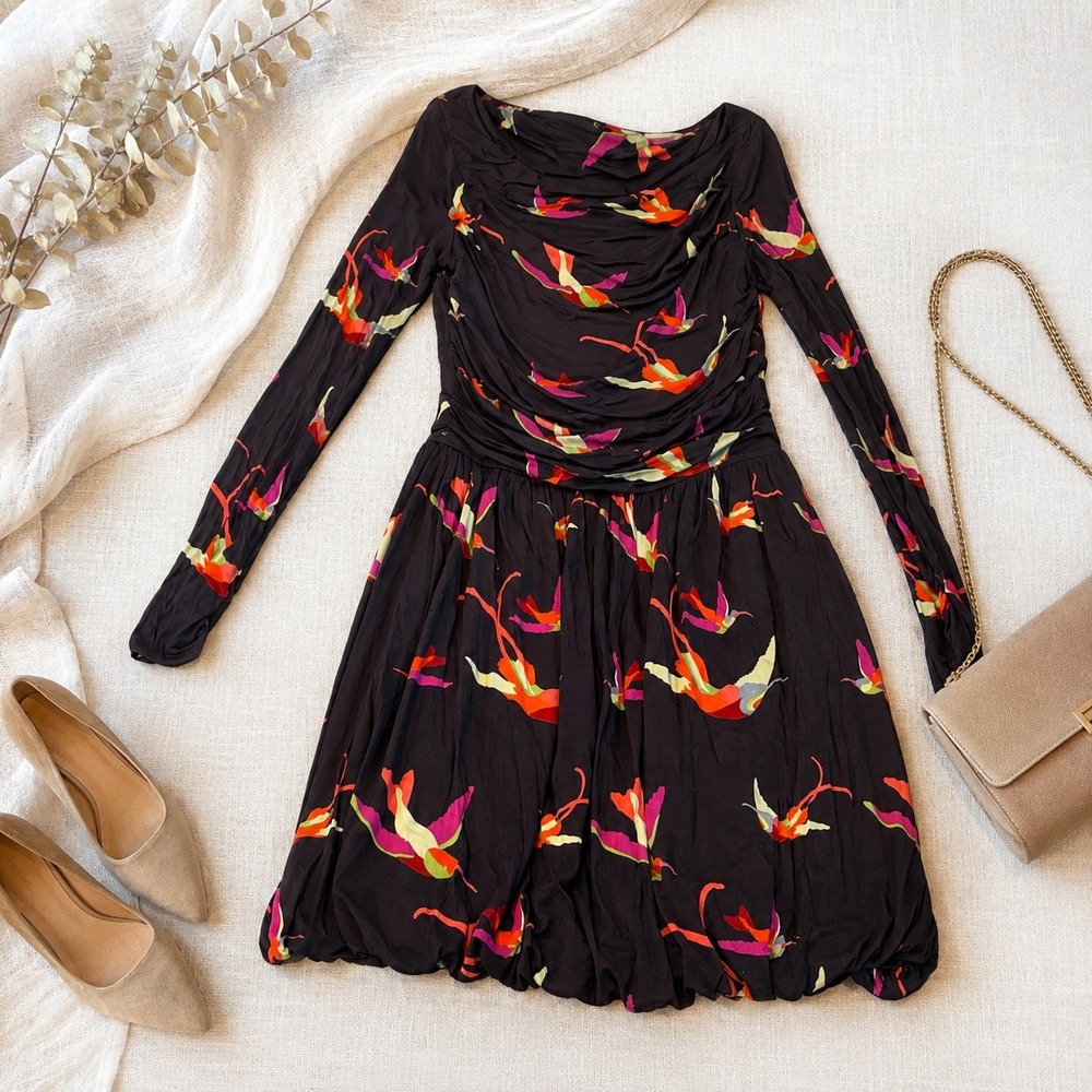 Leota Bubble Hem Dress Womens Small Black Hummingbird Print Ruched Long Sleeve